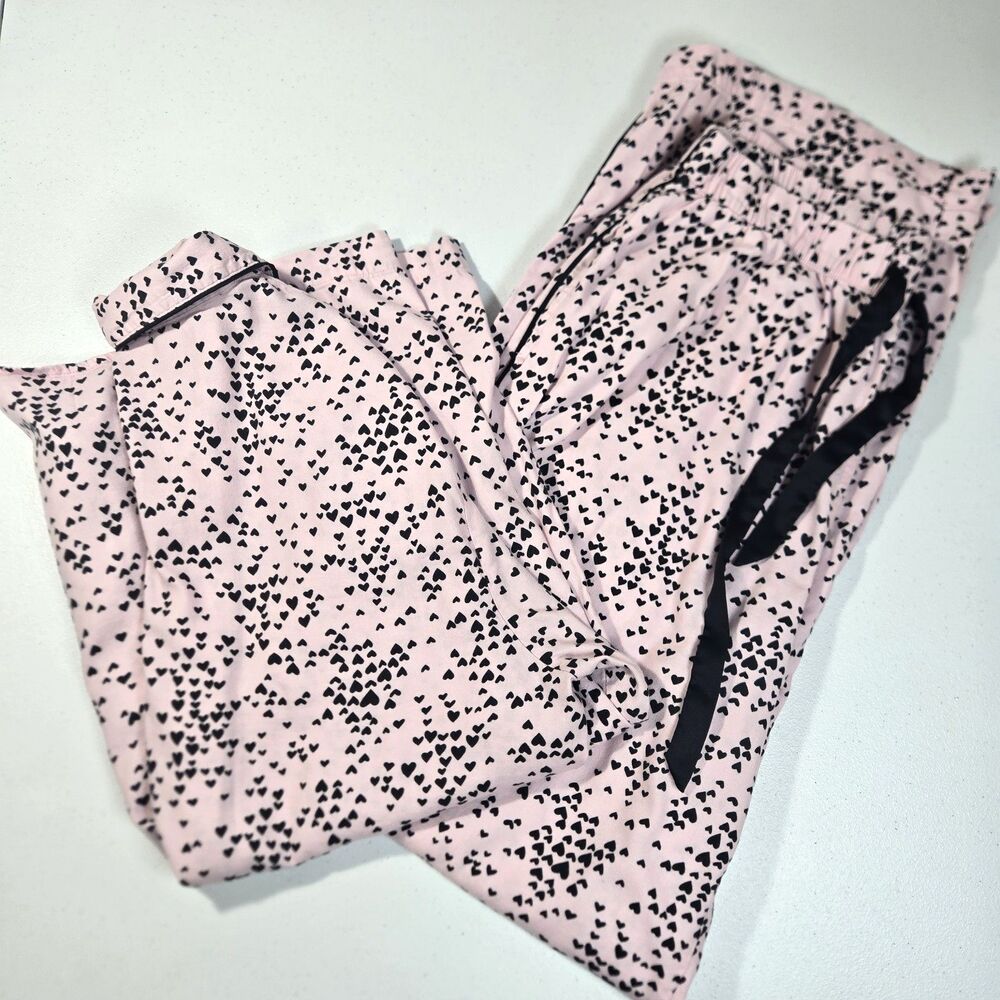 Victorias Secret PJ Pajama Set Pink /Black Hearts Cotton Size M Long